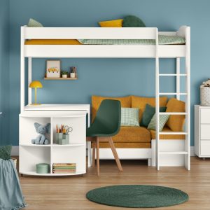 Uno S White High Sleeper with Fixed Desk, Pull Out Desk and Mustard Yellow Sofa Bed