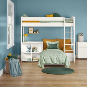 Alternative view of Uno S White High Sleeper with Fixed Desk, Pull Out Desk and Mustard Yellow Sofa Bed