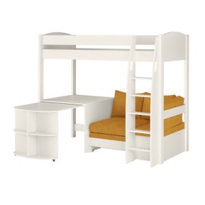 Uno S White High Sleeper with Fixed Desk, Pull Out Desk and Mustard Yellow Sofa Bed - Image 10
