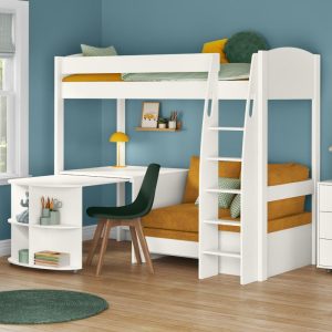 Uno S White High Sleeper with Fixed Desk, Pull Out Desk and Mustard Yellow Sofa Bed - Image 8