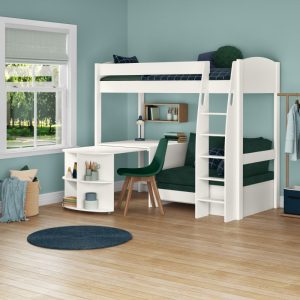 Uno S White High Sleeper with Fixed Desk, Pull Out Desk and Teal Green Sofa Bed - Image 7