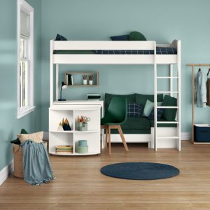 Uno S White High Sleeper with Fixed Desk, Pull Out Desk and Teal Green Sofa Bed - Image 8