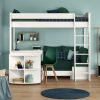 Uno S White High Sleeper with Fixed Desk, Pull Out Desk and Teal Green Sofa Bed