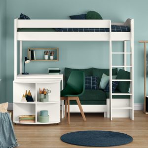 Uno S White High Sleeper with Fixed Desk, Pull Out Desk and Teal Green Sofa Bed