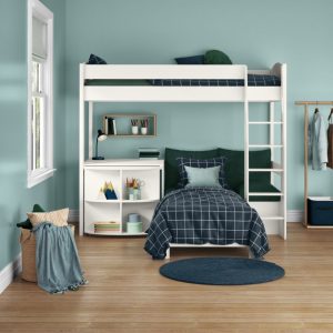 Alternative view of Uno S White High Sleeper with Fixed Desk, Pull Out Desk and Teal Green Sofa Bed