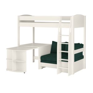 Uno S White High Sleeper with Fixed Desk, Pull Out Desk and Teal Green Sofa Bed - Image 9