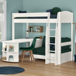 Uno S White High Sleeper with Fixed Desk, Pull Out Desk and Teal Green Sofa Bed - Image 6