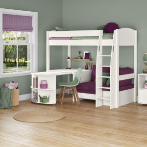 Uno S White High Sleeper with Fixed Desk, Pull Out Desk and Purple Heather Sofa Bed - Image 4