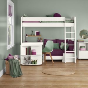 Uno S White High Sleeper with Fixed Desk, Pull Out Desk and Purple Heather Sofa Bed - Image 5