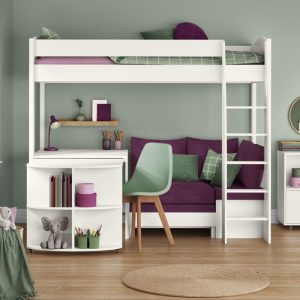 Uno S White High Sleeper with Fixed Desk, Pull Out Desk and Purple Heather Sofa Bed