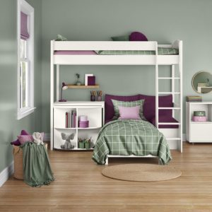 Alternative view of Uno S White High Sleeper with Fixed Desk, Pull Out Desk and Purple Heather Sofa Bed