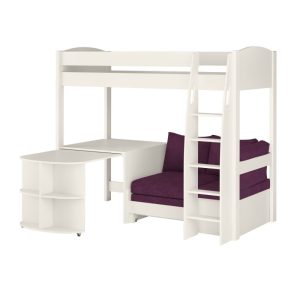 Uno S White High Sleeper with Fixed Desk, Pull Out Desk and Purple Heather Sofa Bed - Image 9