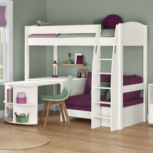Uno S White High Sleeper with Fixed Desk, Pull Out Desk and Purple Heather Sofa Bed - Image 3
