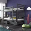 he Nico Graphite bunk bed is a good, strong, and safe choice. It has a ladder and a guard to keep your child safe while sleeping. There are also secret drawers for storing clothes and toys, so you'll have lots of space. The ladder can be put on either side of the bed. You can also turn this into two single beds if you want. It's made of strong pine wood. The bed base with wooden slats is included, also made of pine wood. It comes with 2 drawers that fit underneath the beds for extra storage.
