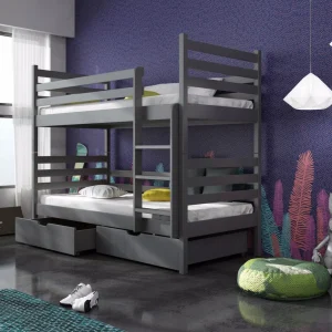 he Nico Graphite bunk bed is a good, strong, and safe choice. It has a ladder and a guard to keep your child safe while sleeping. There are also secret drawers for storing clothes and toys, so you'll have lots of space. The ladder can be put on either side of the bed. You can also turn this into two single beds if you want. It's made of strong pine wood. The bed base with wooden slats is included, also made of pine wood. It comes with 2 drawers that fit underneath the beds for extra storage.