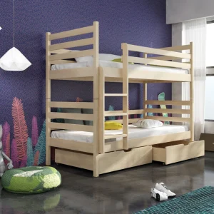 This Nico Pine bunk bed is super handy, built tough, and totally safe. You get a safe sleeping spot thanks to the ladder and the guard system working together. Plus, there are some sneaky storage drawers for all your clothes and toys. The ladder can go on either side. You can even split these beds into two singles if you want. They're made from solid pine wood, and the slatted bed base is included too (also made of pine). You get two under-bed storage drawers with it.