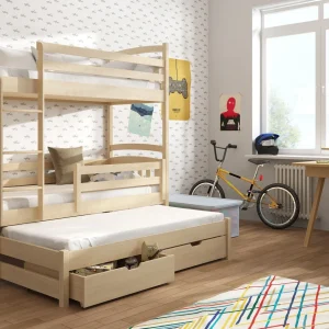 The Norah is a premium quality, durable bunk bed designed to enhance child development and optimize living space. It features a universally adaptable ladder and integrated storage drawers, fostering independence and streamlining household organization. Additionally, a trundle bed is included to accommodate additional occupants, such as siblings or guests. The ladder's universal design permits assembly on either side of the bunk bed structure. All safety rails are removable for future adaptability. The unit can be disassembled into three independent beds, offering versatile configurations. Construction utilizes solid pine wood, and the included slatted bed base is also crafted from pinewood. A mattress for the trundle bed is not supplied; however, it requires a size of 180cm x 90cm x 8cm. Due to height restrictions, only foam mattresses are compatible with the trundle bed. Two under-bed storage drawers are provided. Each individual bed possesses a weight capacity of 90kg. Two standard UK single mattresses are required for the main bunk bed structure.