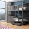 o effectively accommodate young individuals and ensure their proximity, the Haze Graphite wooden bunk bed presents an optimal solution. This comfortable unit is equipped with two capacious storage drawers situated beneath the bed, along with a universally adaptable ladder that can be affixed to either side. Furthermore, safety rails are incorporated on both the upper and lower sleeping surfaces to prevent accidental falls and provide reassurance.