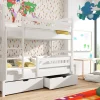 The Felix White bunk bed has a ladder that can go on either side. This ladder is good for tall kids and can also give your child some privacy on the top bunk. When it's time for sleep, the Felix White bunk bed won't wobble because of its strong corner posts, making it safe and steady. It also has two drawers under the bed to help keep your room tidy. You'll need two UK single mattresses for this bed. The ladder can be put on either side. You can also turn this bunk bed into two single beds later. It's made of strong pine wood. The bed bases with slats are included and also made of pine wood. Two drawers for storage under the bed are included.