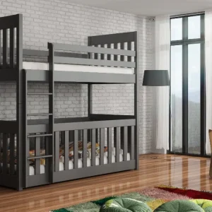The Rory Graphite Bunk Bed is a sturdy and handy bed for families with young children. Top Bed: Wooden rails help keep kids safe and prevent them from falling out while they sleep. Bottom Bed (Cot): It has special safety parts so little ones can't get in or out on their own. It's spacious and lets air move well, comfortably fitting up to two babies. Important Details: You can change the bottom bed into a regular bed by switching the safety rail (a new one is included). You can't change how high the sleeping area is on the bottom bed. The ladder can be attached to either side. The two beds can be split up and used as two separate single beds. It's made from solid pine wood. Each bed can hold up to 100kg. The cot bed is for babies aged 8 months and up. The top bunk is for children aged 6 years and up.