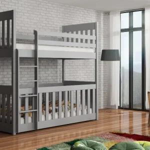he Rory Grey Bunk Bed is a sturdy and handy bed for families with young children. Top Bed: Wooden rails help keep kids safe and prevent them from falling out while they sleep. Bottom Bed (Cot): It has special safety parts so little ones can't get in or out on their own. It's spacious and lets air move well, comfortably fitting up to two babies. Important Details: You can change the bottom bed into a regular bed by switching the safety rail (a new one is included). You can't change how high the sleeping area is on the bottom bed. The ladder can be attached to either side. The two beds can be split up and used as two separate single beds. It's made from solid pine wood. Each bed can hold up to 100kg. The cot bed is for babies aged 8 months and up. The top bunk is for children aged 6 years and up.