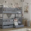 The Haze Grey wooden bunk bed is a practical choice for saving space and keeping children close. This comfortable bed includes two large storage drawers underneath and a ladder that can be attached to either side. Safety rails are present on both the top and bottom bunks to help prevent falls and offer peace of mind.