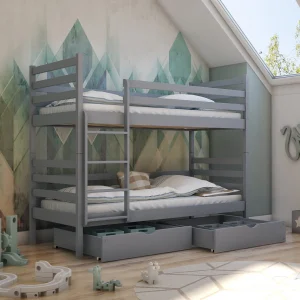 The Nico Grey bunk bed offers a practical, high-quality, and safe sleeping solution. The integrated ladder and guard system are designed to enhance the safety of the sleep area. Furthermore, discreetly integrated storage drawers provide ample space for clothing and toys. The ladder is universally designed and can be affixed to either side during assembly. These bunk beds possess the capability to be disassembled and utilized as two individual beds. The construction material is solid pine wood. A slatted bed base, also crafted from pinewood, is included. Two under-bed storage drawers are supplied with the unit.