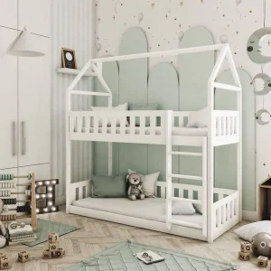 This bunk bed is an absolute stunner that'll grab everyone's attention! The Ronnie White house bunk bed in clean white is the perfect starting point to create your child's dream room. You can go all out with fairy lights, add some cool bunting, or drape some fab fabric in their favourite colours to make this bed the ultimate spot for their dreams to come true. The simple design of this bunk bed means you can totally switch up the look to match what they're into. Add reading lights or garlands in any colour you can think of – the white will always look good. It's super strong and sturdy, with an easy-peasy ladder for little feet to climb up to that awesome 'top bunk.' Plus, there's plenty of room underneath for a sibling or friend to hang out.