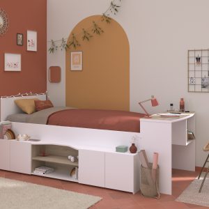 The Parisot Cleo cabin bed with a desk is all white with some cool wood-look bits. The best part is the layout is reversible, meaning you can pop the desk on either the left or right side of the bed. Up front, the bed has two open shelves smack in the middle with that wood effect again. Plus, there are two double cupboards for stashing stuff and a long shelf right above everything, giving you loads of storage and handy bedside shelf space. The built-in desk can go on either end, whatever works best for your room. It's got a wood-effect top and even a little storage spot underneath.
