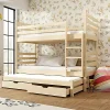 This solid pine bunk bed will enhance your bedroom's appearance, particularly in spaces with limited room. The natural wood finish complements most décor styles. The trundle bed provides extra sleeping space for your child, and the two storage drawers are perfect for keeping small items like toys, games, bedding, and spare sheets organized and out of sight. The ladder can be assembled on either side. All side rails can be removed later. The beds can be separated and used as three individual beds. This item is made of solid pine wood. A slatted bed base, also made of pinewood, is included.