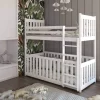 The Rory White Bunk Bed is a sturdy and handy bed for families with young children. Top Bed: Wooden rails help keep kids safe and prevent them from falling out while they sleep. Bottom Bed (Cot): It has special safety parts so little ones can't get in or out on their own. It's spacious and lets air move well, comfortably fitting up to two babies. Important Details: You can change the bottom bed into a regular bed by switching the safety rail (a new one is included). You can't change how high the sleeping area is on the bottom bed. The ladder can be attached to either side. The two beds can be split up and used as two separate single beds. It's made from solid pine wood. Each bed can hold up to 100kg. The cot bed is for babies aged 8 months and up. The top bunk is for children aged 6 years and up.