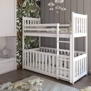 The Rory White Bunk Bed is a sturdy and handy bed for families with young children. Top Bed: Wooden rails help keep kids safe and prevent them from falling out while they sleep. Bottom Bed (Cot): It has special safety parts so little ones can't get in or out on their own. It's spacious and lets air move well, comfortably fitting up to two babies. Important Details: You can change the bottom bed into a regular bed by switching the safety rail (a new one is included). You can't change how high the sleeping area is on the bottom bed. The ladder can be attached to either side. The two beds can be split up and used as two separate single beds. It's made from solid pine wood. Each bed can hold up to 100kg. The cot bed is for babies aged 8 months and up. The top bunk is for children aged 6 years and up.