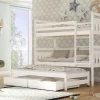 This solid pine bunk bed, complete with a trundle and two integrated storage drawers, presents an excellent furnishing solution for a child's bedroom. Presented in an appealing white finish, its design prioritizes safety and incorporates removable guard rails to mitigate the risk of falls. The ladder is designed for universal assembly, allowing for placement on either side of the unit. The bunk bed is capable of being disassembled into three individual beds for versatile use. The construction is from solid pine wood. A slatted bed base, manufactured from pinewood, is included with the unit.
