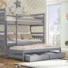 This solid pine bunk bed system is a practical addition to your child's bedroom. It includes a main bunk, a trundle bed, and two storage drawers. The bed is finished in matt grey and designed with safety in mind, featuring removable guard rails to prevent falls. The ladder can be fitted on either the left or right side of the bed. A key feature is that the bunk bed can be separated into three individual beds, offering flexibility as your needs change. The bed is made from durable solid pine wood. A slatted bed base, also made from pine, is included for mattress support. Please note that a mattress for the trundle bed is not included. The trundle mattress should be 180cm long, 90cm wide, and no more than 8cm thick. A foam mattress is required due to the trundle bed's height.