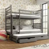 This solid Allegra Graphite bunk bed will enhance your bedroom's appearance, particularly in spaces with limited room. The natural wood finish complements most décor styles. The trundle bed provides extra sleeping space for your child, and the two storage drawers are perfect for keeping small items like toys, games, bedding, and spare sheets organized and out of sight. The ladder can be assembled on either side. All side rails can be removed later. The beds can be separated and used as three individual beds. This item is made of solid pine wood. A slatted bed base, also made of pinewood, is included.