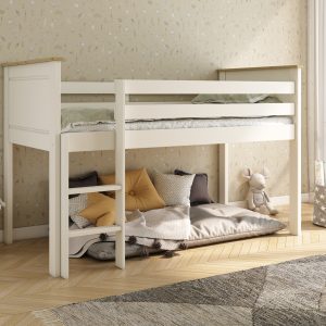 The Heritage mid sleeper bed in white with an oak lacquer finish features a reversible ladder. The bed frame has two front safety rails and two full-length back safety rails. The high headboard and footboard are finished in white with a lacquered oak top rail.