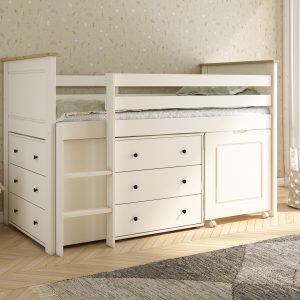 The Heritage mid sleeper bed in white with an oak lacquer finish features a reversible ladder. It includes two chests of drawers, each with three drawers, and a pull-out desk. The bed frame has two front safety rails and two full-length back safety rails. The high headboard and footboard are finished in white with a lacquered oak top rail. The Kids Avenue Heritage mid sleeper bed is designed for a UK mattress measuring 90cm wide, 15cm deep, and 190cm long.