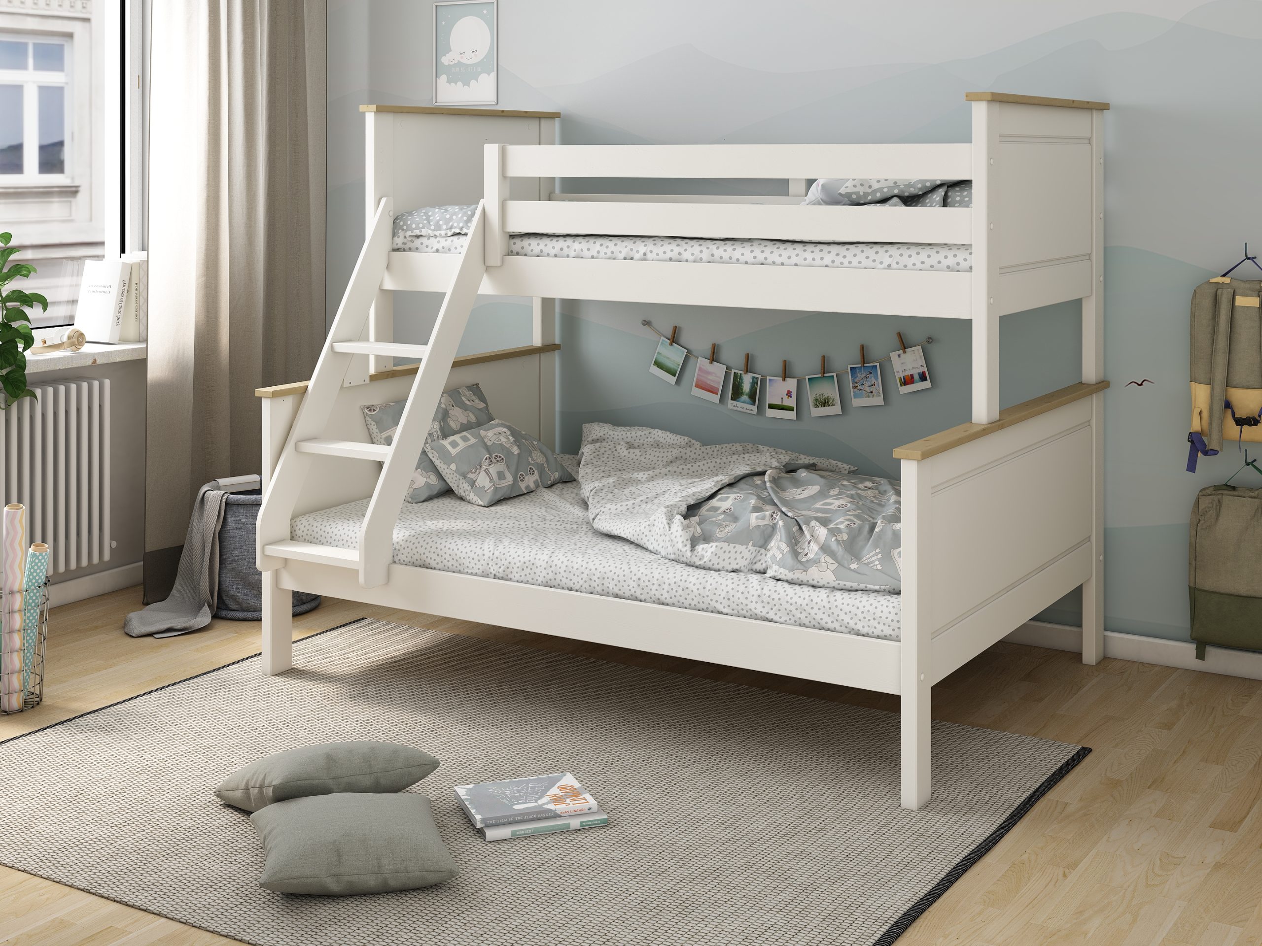 The Kids Avenue Heritage triple bunk bed features a white frame with oak detailing and a reversible three-step slanted ladder. Constructed from Scandinavian pine, it's designed for multiple children sharing a room. The top bunk has two front safety rails, two full-length back safety rails, and requires a UK single mattress (90cm x 190cm). The bottom bunk accommodates two children and requires a UK double mattress (140cm x 190cm). The sturdy three-step ladder can be assembled on either the left or right front side of the bed. Both beds include solid wooden slats, high headboards and footboards, and an oak top rail that complements the white frame.