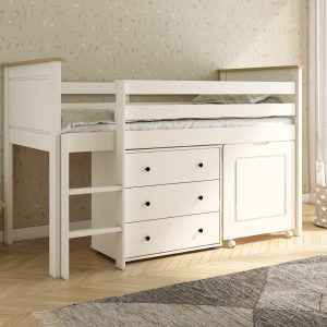 The Heritage mid sleeper bed in white with an oak lacquer finish features a reversible ladder. It includes 3  drawer chest, and a pull-out desk. The bed frame has two front safety rails and two full-length back safety rails. The high headboard and footboard are finished in white with a lacquered oak top rail.