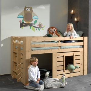 The Vipack Lucille Kids Mid Sleeper Bed in Oak is designed to encourage children's imaginations. The space underneath the bed can be transformed into a personal den with the addition of cushions, blankets, and fairy lights. A cut-out window allows children to look out. Constructed from solid wood with a slatted design, this bed is built to be durable and withstand active use. This bed is a good option for smaller bedrooms, as it provides more floor space for play.