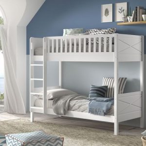 The Nyla Bunk Bed in Brilliant White is a new addition to our Vipack Bunk Bed range. It features a unique cross headboard design and a slatted side rail, making it distinct from other bunk beds. Crafted from solid Scandinavian pine, this bed offers stability and durability, providing peace of mind for parents. In addition to its premium materials, the Nyla Bunk Bed includes a straight ladder with hand holes for safe and secure climbing.