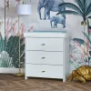 The three large drawers, accented with stylish brass handles, offer ample storage. The natural wood changing top is removable, allowing you to transform the piece into a versatile chest of drawers that will complement any room for years to come once your child has outgrown it.