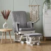 This Mark glider chair is a lovely spot for you and your baby to spend special moments together. Whether it's for feeding, reading, or just a quiet break, the chair's smooth rocking motion will help your baby fall asleep and help you relax. It comes with a comfortable glider chair and a matching stool. The smooth rocking helps you relax. You can easily change the chair's position to one of seven settings by lifting the armrests. The extra-thick cushions make it super comfy, and the padded armrests have handy pockets for your things. There's also an easy-to-use handle to stop the chair from rocking. The really thick, soft cushions on the back and seat are so cozy you'll want to stay there. The padded armrests have pockets to keep your important items nearby. To change how the back leans, just lift the ends of the armrests. You can choose from seven different angles to find your perfect spot. The chair has a strong wooden frame and a square back, giving it a classic look. The soft grey cushions will fit in nicely with any nursery. When you're done relaxing, a handle lets you lock the chair so it doesn't move. The matching stool rocks just like the chair, so your peaceful time is uninterrupted.