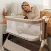 The early months with a baby are special but can also be challenging, particularly concerning sleep. The Aria bedside crib is designed to simplify these nighttime experiences. This comfortable crib is made to make nighttime easier by keeping your baby close for feeding, cuddling, and reassurance, while also providing them with a safe and cozy place to sleep. Featuring soft grey fabric, breathable materials, and adjustable elements, it fits naturally into your home and helps both you and your baby rest more easily. The crib's height can be easily adjusted to match your bed, making nighttime feedings and comforting snuggles more convenient with your baby right beside you. Mesh sides allow for airflow, which helps regulate temperature and provides a clear view of your baby, so you can check on them without waking them.