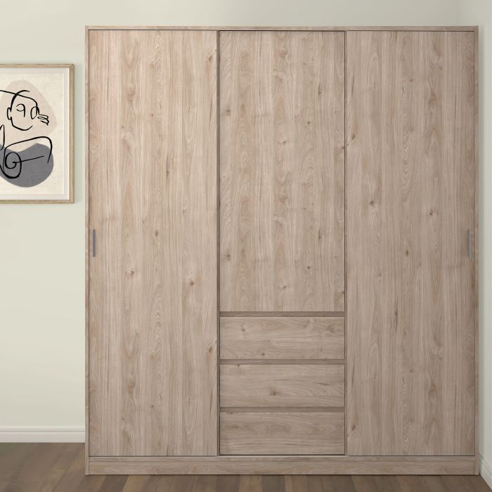 Roma Wardrobe with 2 Sliding Doors 1 Door 3 Drawers in Jackson Hickory Oak - Image 3