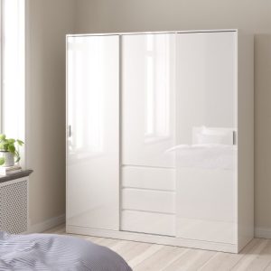 Roma Wardrobe with 2 Sliding Doors 1 Door 3 Drawers in White High Gloss