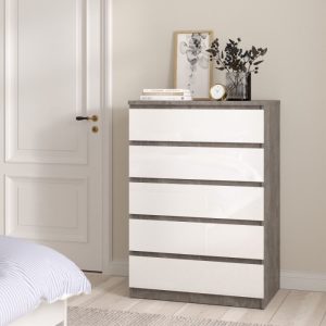 Roma Chest of 5 Drawers in Concrete and White High Gloss