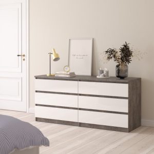 Roma Wide Chest of 6 Drawers in Concrete and White High Gloss