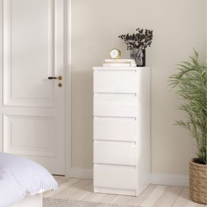 Roma Narrow Chest with 5 Drawers in White High Gloss