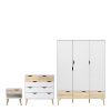 Boston Package - Bedside 1 Drawer + Chest of 5 Drawers + Wardrobe 3 Doors 3 Drawers in White and Oak